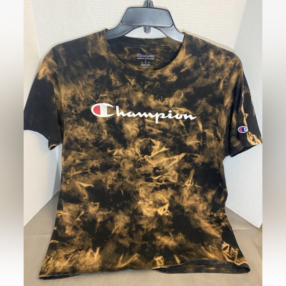Champion Authentic Athleticwear Logo Script Tshirt Mens L Black Special Tie Dye
